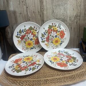 Vintage Floral Stoneware Salad Plates Set of 4 Country Cottage Kitchen